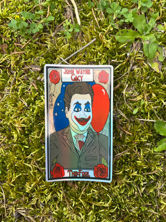 John Wayne Gacy The Fool True Crime Tarot Card Style Holographic Sticker