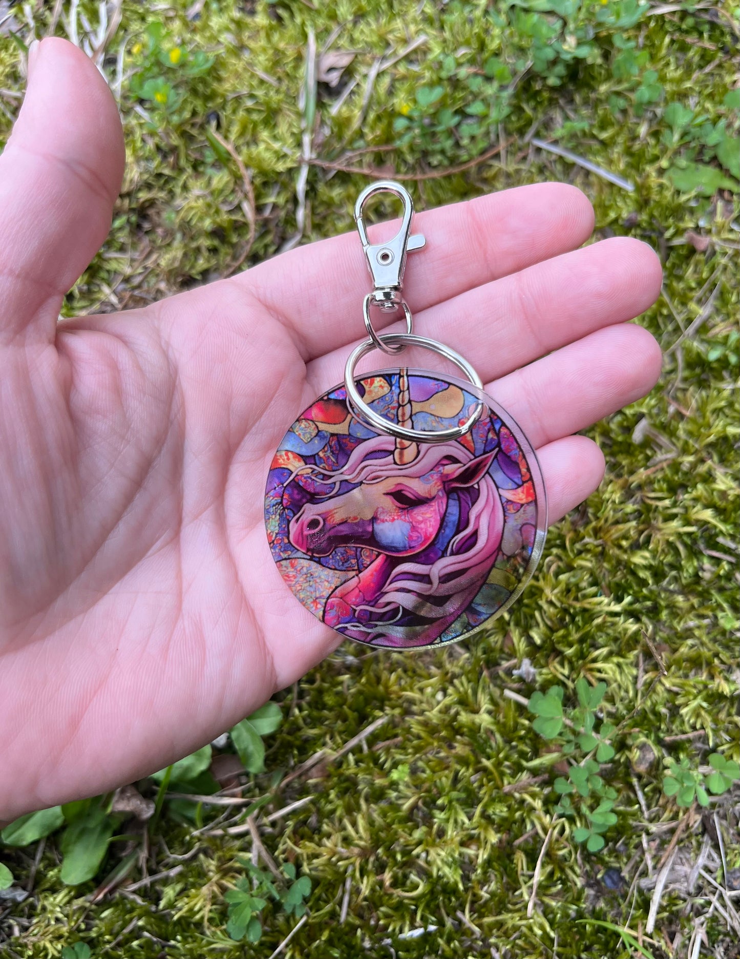 Unicorn stained glass style acrylic keychain ￼