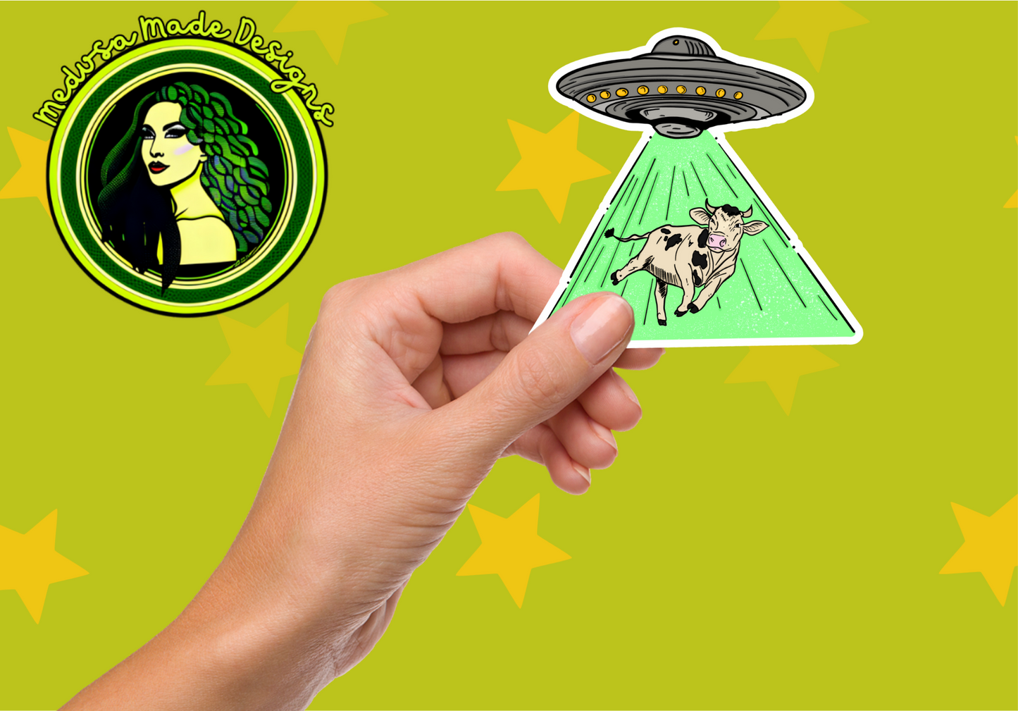 Cow UFO Abduction Holographic Waterproof Sticker