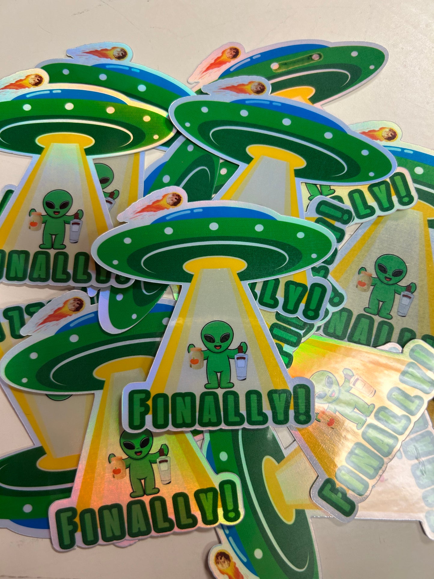 “Finally” Alien Holographic Sticker