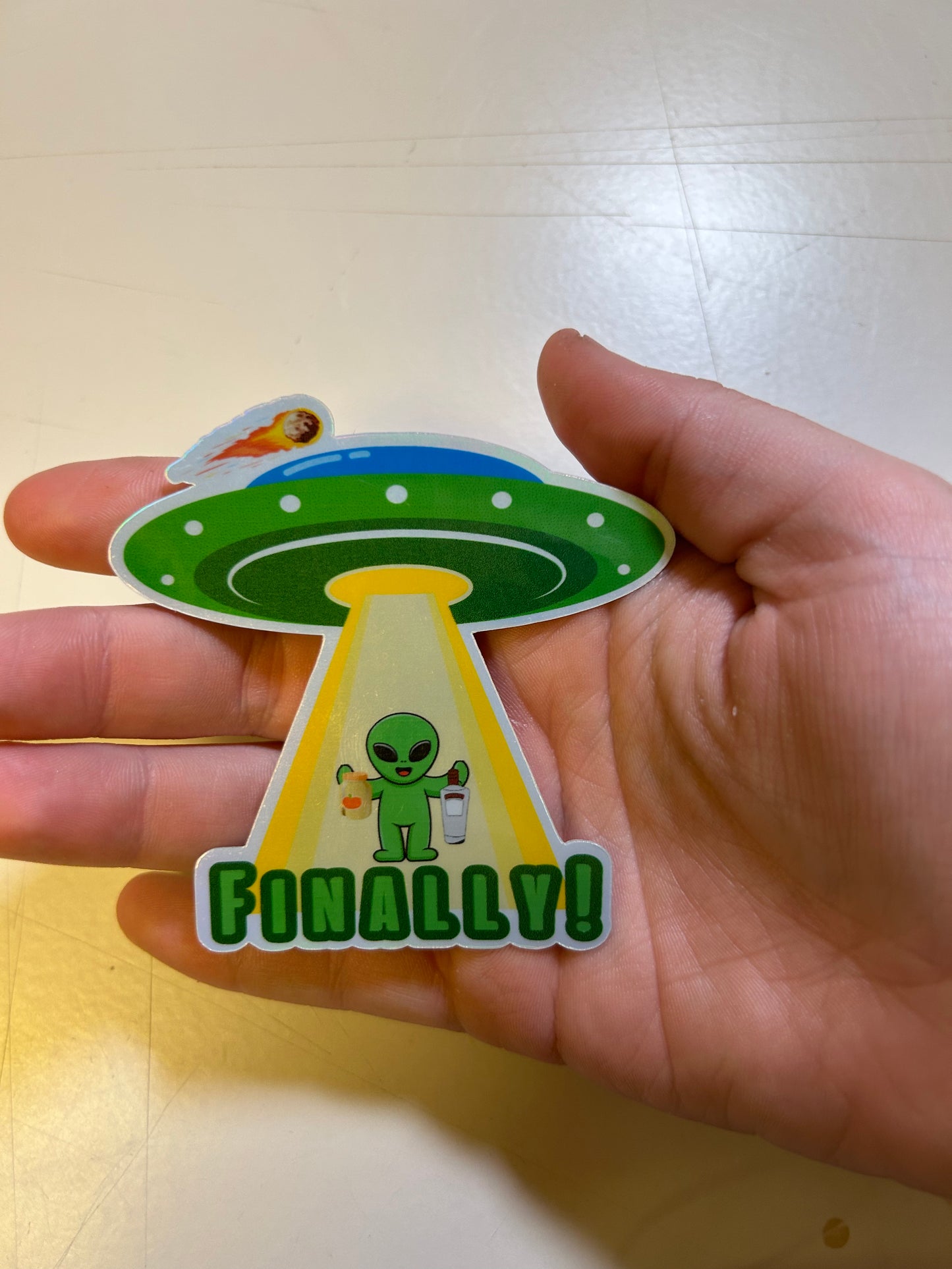 “Finally” Alien Holographic Sticker